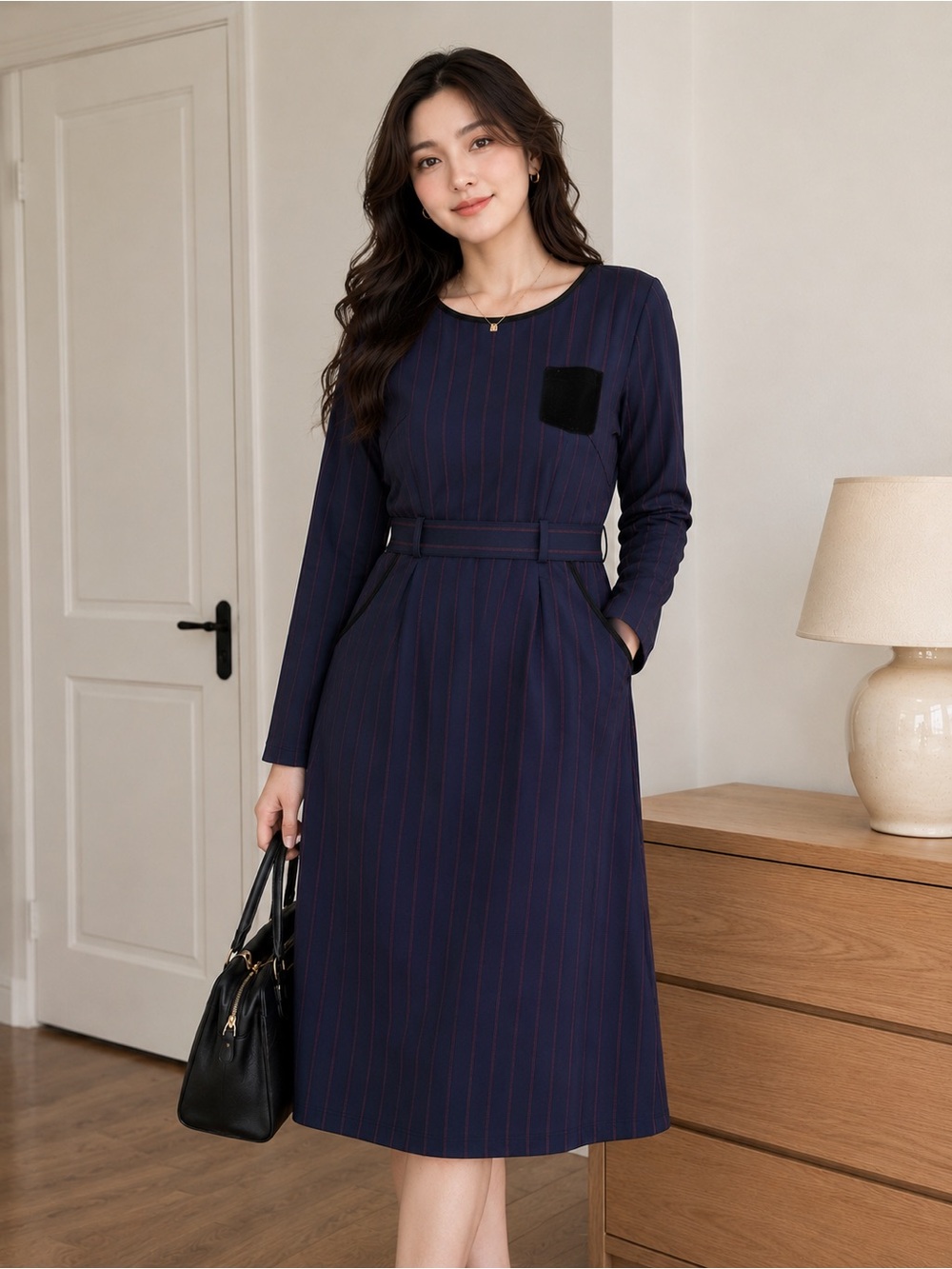Women’s Navy & Burgundy Pinstripe Belted Knee-Length Dress Size L